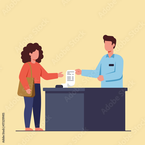Woman passes a document to a clerk behind a dark gray desk