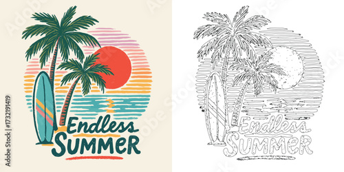 Endless summer vector T shirt design with palm tree beach sunset retro tropical vacation style illustration