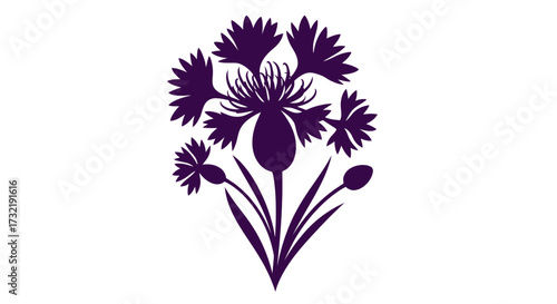 Stylized dark purple flower silhouette on white background