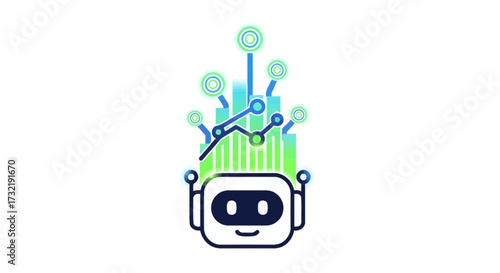 Futuristic robot head with data visualization for artificial intelligence concepts and analytics
