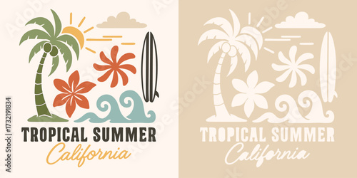 Tropical summer California vector T shirt design with palm tree surfboard retro holiday beach illustration