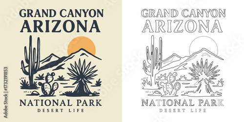 Grand Canyon Arizona vector T shirt design with national park desert cactus mountain retro travel illustration