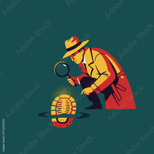 Detective scrutinizing a footprint with magnifying glass
