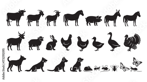 Silhouette set of farm animals vector illustration of livestock and insects isolated on white backgr