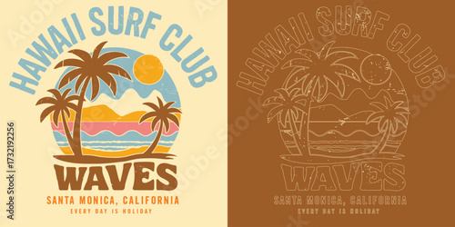Hawaii Surf Club Waves Santa Monica California Palm Beach Sunset T Shirt Design Vector