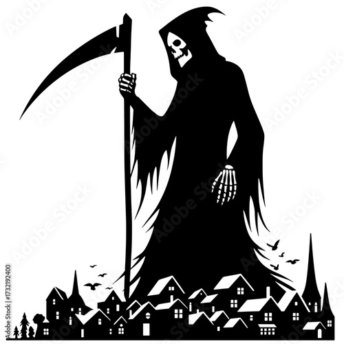 Reaper towering over tiny village houses silhouette on transparent background