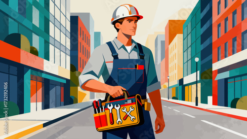 The repairman is carrying a tool bag, cartoon hand-drawn vector illustrations