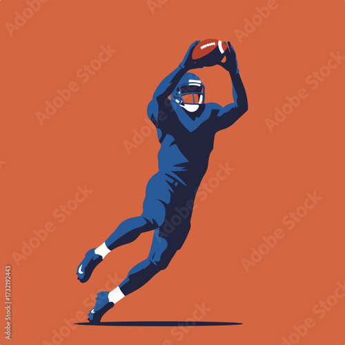 Player catches football, flat style, blue & orange scheme
