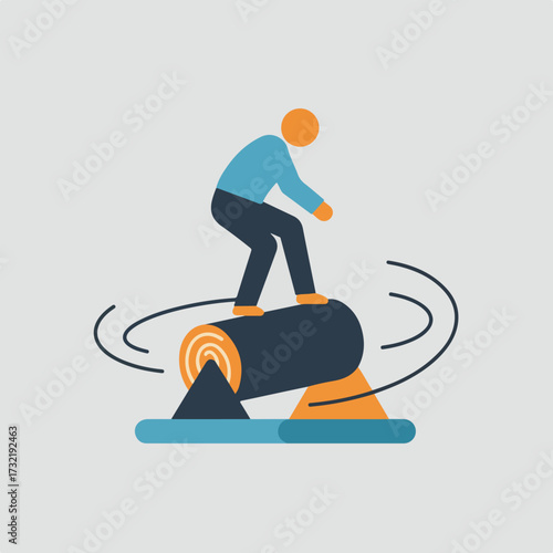 Person balancing on rotating log with supports and motion lines.