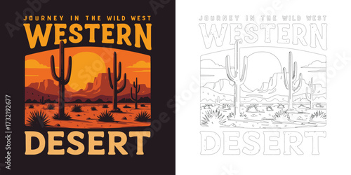 Western desert vector illustration T shirt design with cactus landscape retro wild west sunset style isolated on white background