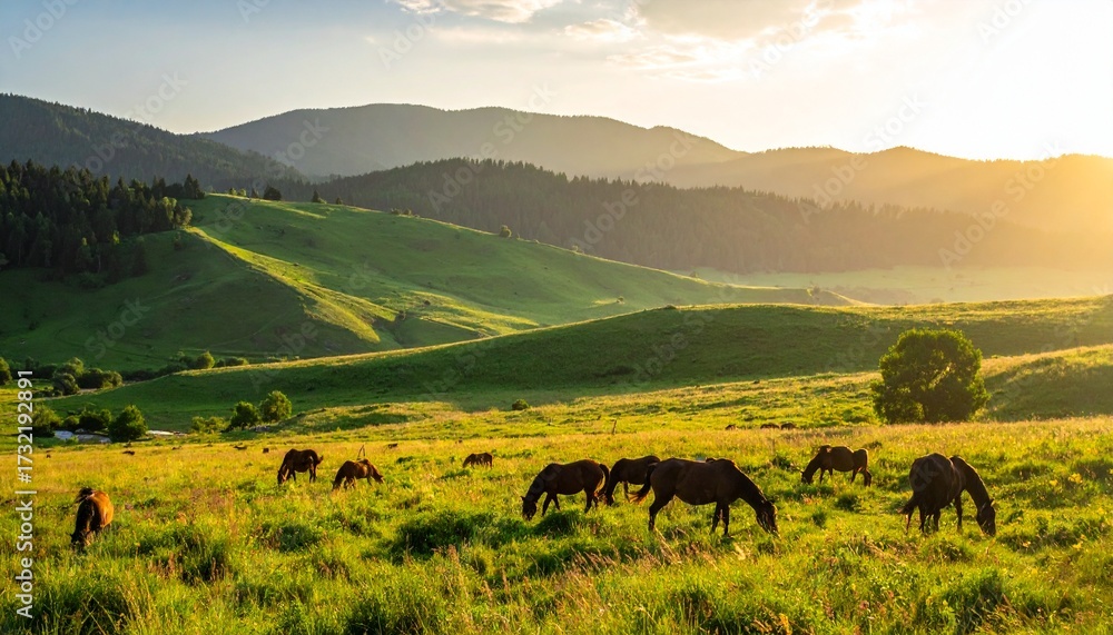 Obraz premium Horses graze in a lush green meadow with rolling hills and a bright sunset.