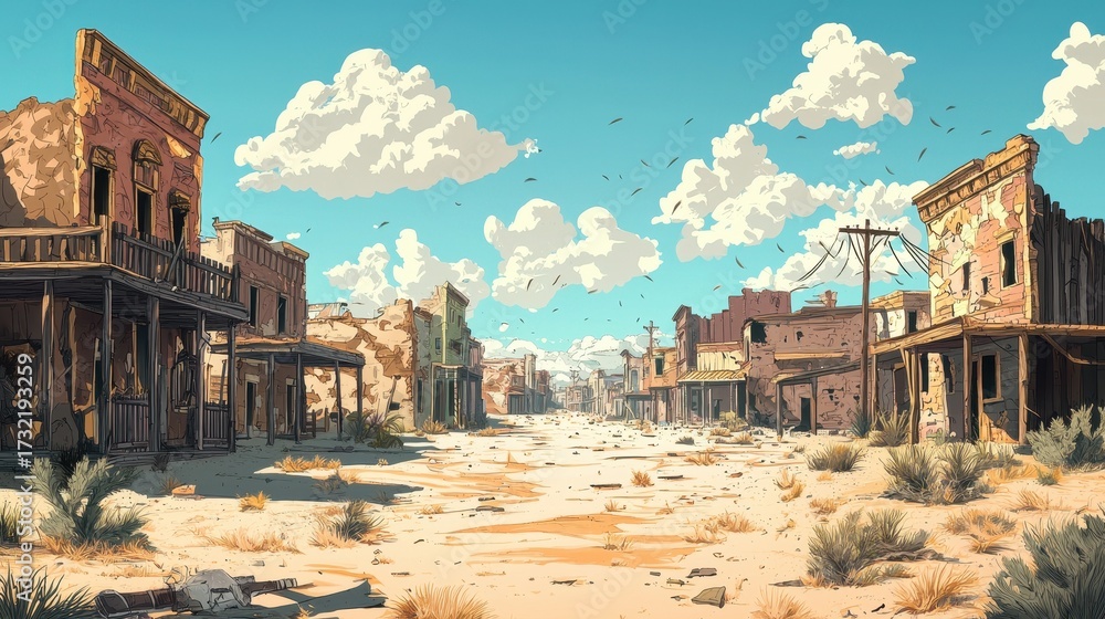 Fototapeta premium Deserted Old West ghost town street with abandoned buildings under a clear blue sky and white clouds.