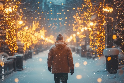 A man walking through a snowy night.