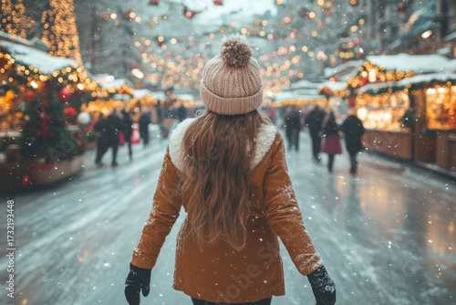 Woman walking through snowy street.