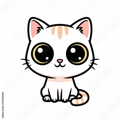 Adorable Cartoon Kitten with Oversized Eyes and Striped Tail Sitting.