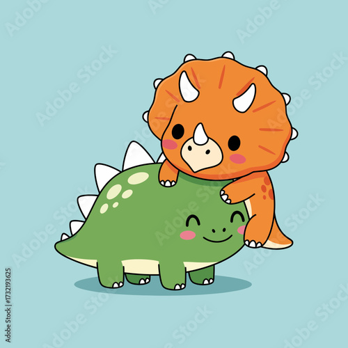 Adorable Cartoon Triceratops Duo Orange Baby Riding a Smiling Green Adult.