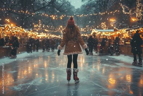 Woman skates on frozen lake in winter.