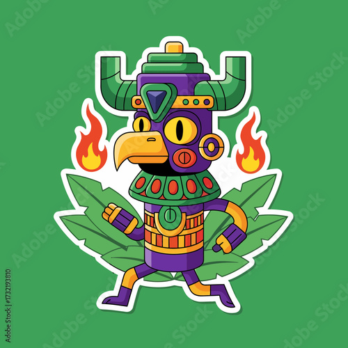 Cartoon Aztec Warrior with Bird Mask and Flames on Tropical Leaves.