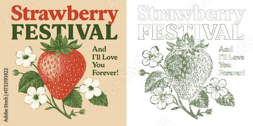 Strawberry festival vector T shirt design with fruit fresh berry retro typography illustration