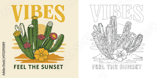 Vibes feel the sunset vector T shirt design with cactus desert flower retro summer typography illustration