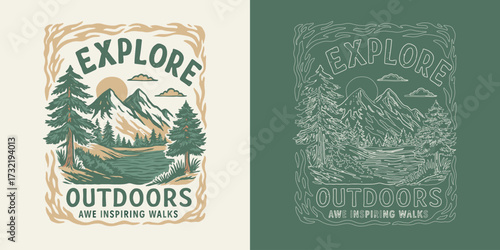 Explore Outdoors Mountain Forest Camping Adventure Vintage T Shirt Design Vector