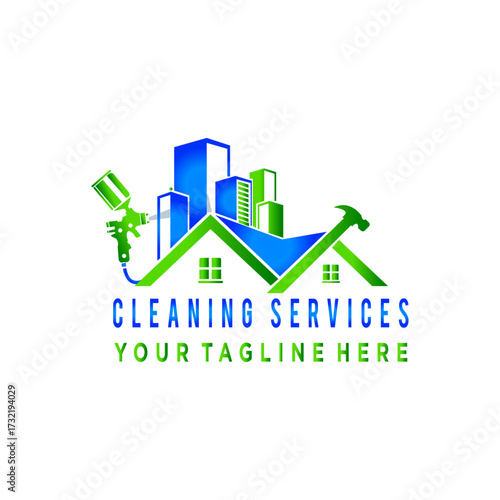 Cleaning Services Logo with Skyscrapers and Tools