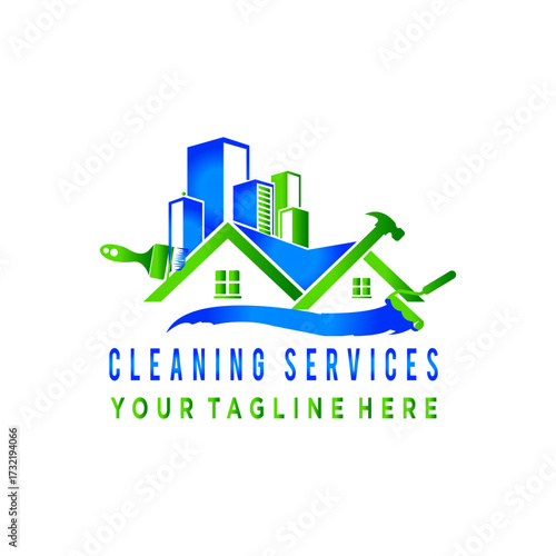 Cleaning Services Logo with Skyscrapers and Tools