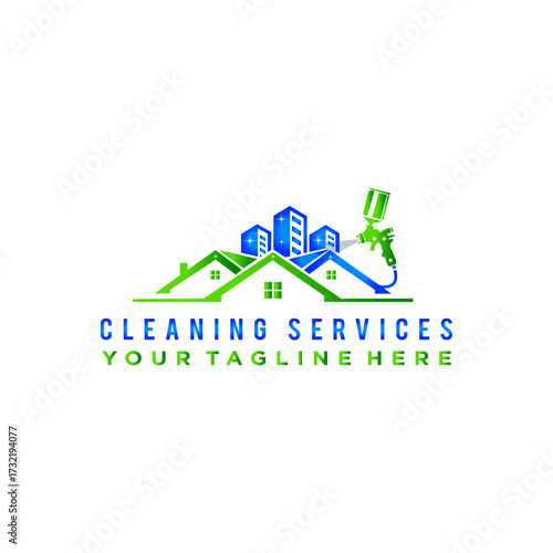 Cleaning Services Logo with Skyscrapers and Tools