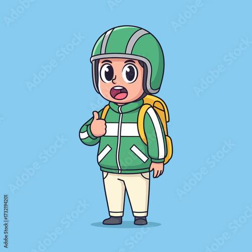 Cartoon Delivery Boy with Green Helmet and Backpack Giving Thumbs Up.