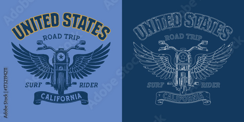 United States Road Trip California Motorcycle Rider Surf Vintage T Shirt Design Vector