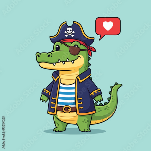 Cartoon Crocodile Pirate with Eyepatch and Heart Speech Bubble.