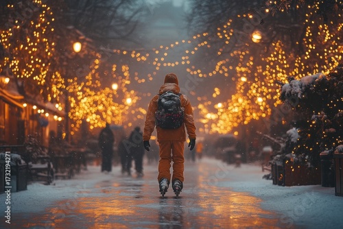 Person walking down a snowy street at night.