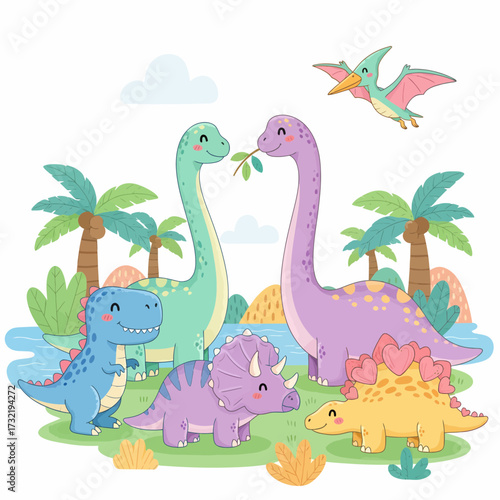 Cartoon Dinosaurs in a Prehistoric Landscape with Palm Trees and Water.