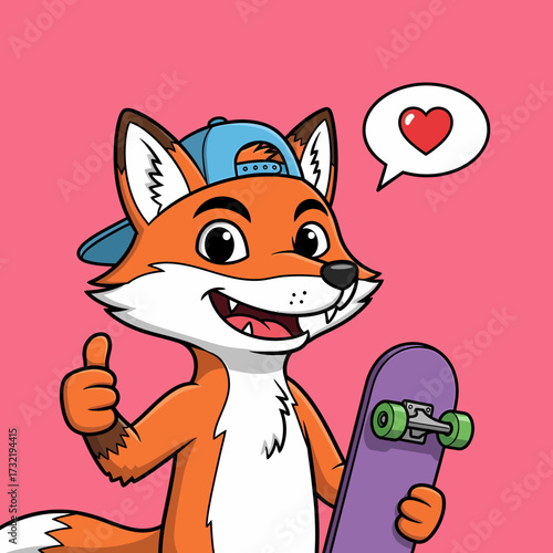 Cartoon Fox with Baseball Cap Skateboard Thumbs Up and Heart Bubble.