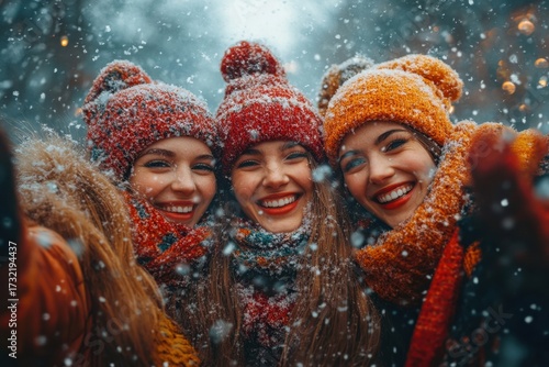 girls in winter clothes smiling and laughing.