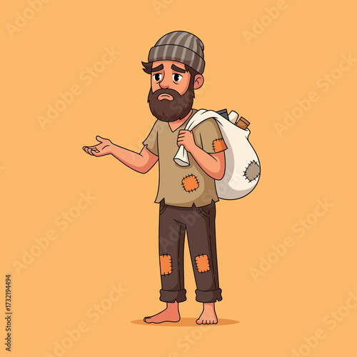 Cartoon Homeless Man with Patchwork Clothes and a Sack Begging for Help.