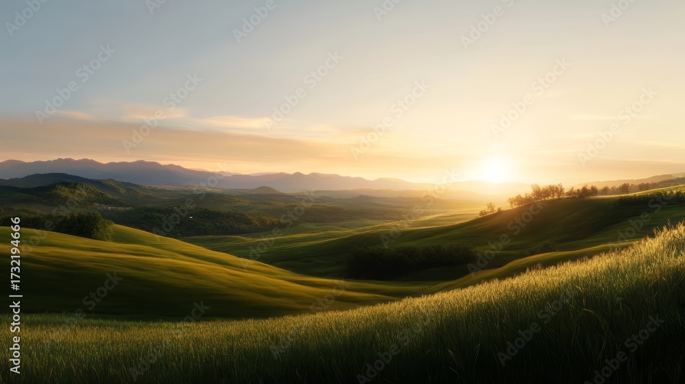 Fototapeta premium Sunrise over rolling hills nature landscape serene environment warm light expansive viewpoint tranquility and beauty for seo impact