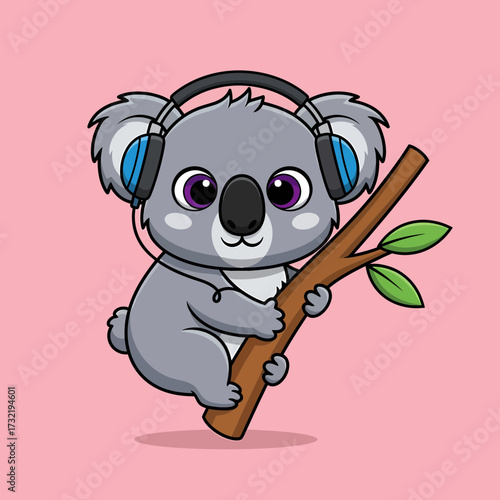 Cartoon Koala with Headphones Clinging to a Branch with Green Leaves.