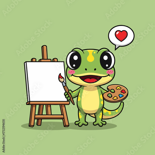 Cartoon Lizard Artist with Easel Palette Brush and Heart Thought Bubble.