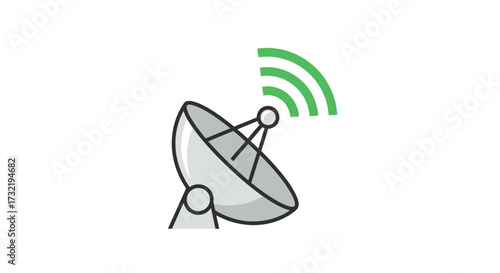 A Cartoonish Satellite Dish Transmitting Green Signals Against a Plain White Background