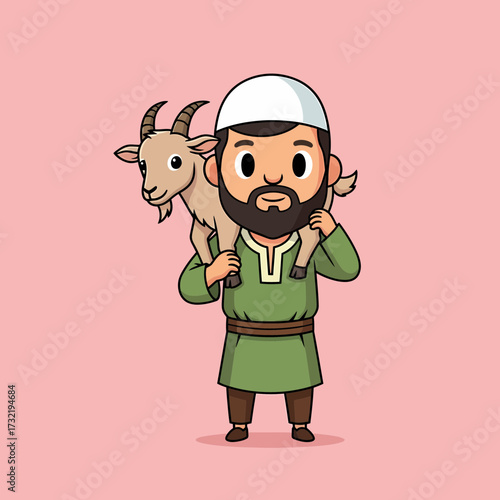 Cartoon Muslim Man Carrying Goat on Shoulders for Eid alAdha Celebration.