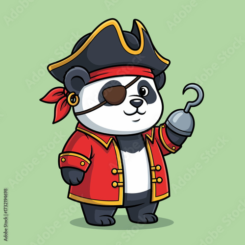 Cartoon Panda Pirate with Hook Hand Eye Patch and Red Coat.
