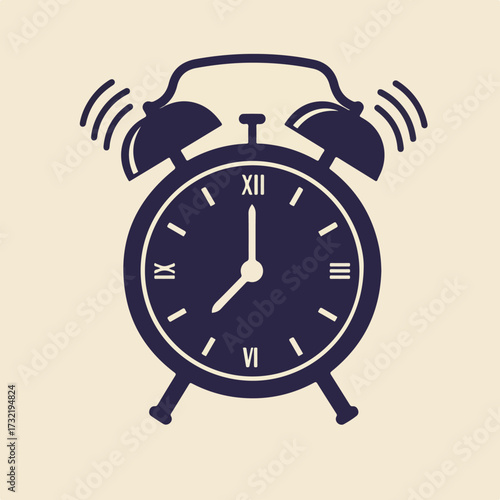 Simple graphic of a ringing alarm clock with roman numerals on an off-white