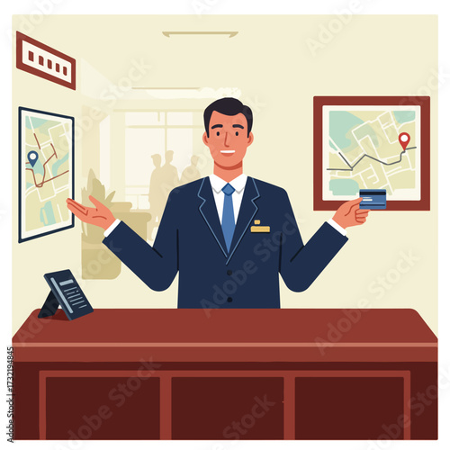 Desk clerk behind reception desk holds card, maps on wall, vector art