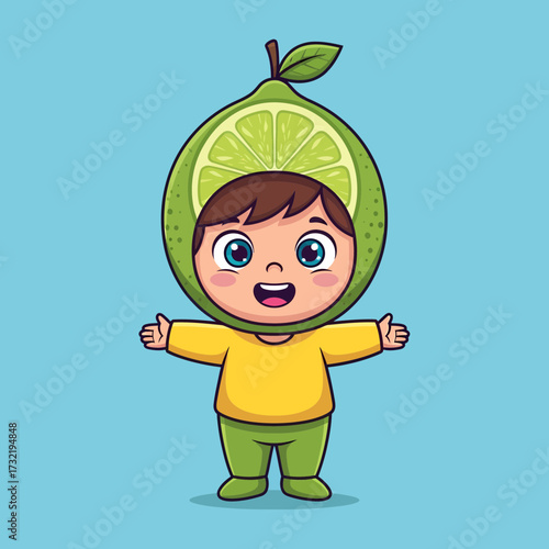 Cheerful Cartoon Child Dressed in a Lime Slice Costume with Open Arms.