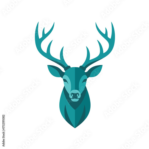 Teal deer head illustration, geometric style, with prominent antlers