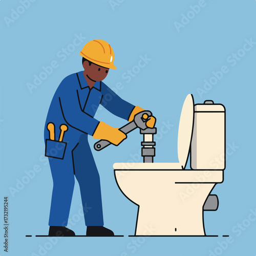 Plumber repairing a toilet with a wrench, wearing hardhat, gloves & blue overalls