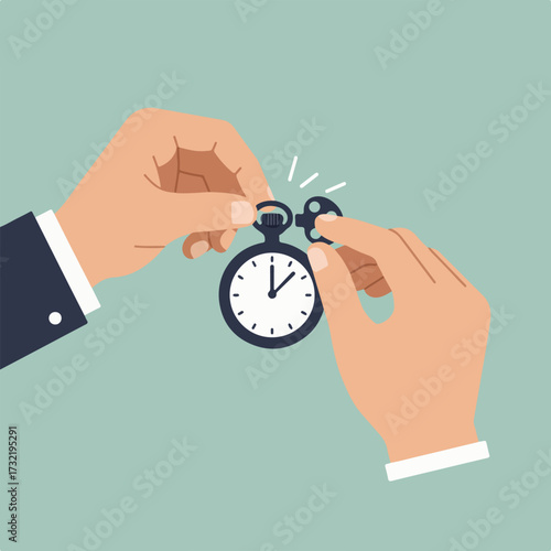 Hands winding a pocket watch on light blue background