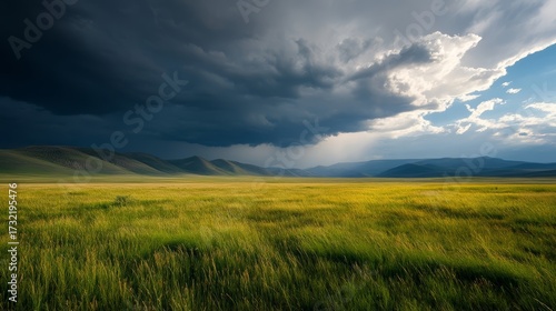 Dramatic thunderstorm approaching over lush green meadow scenic landscape nature photography outdoor viewpoint atmospheric mood