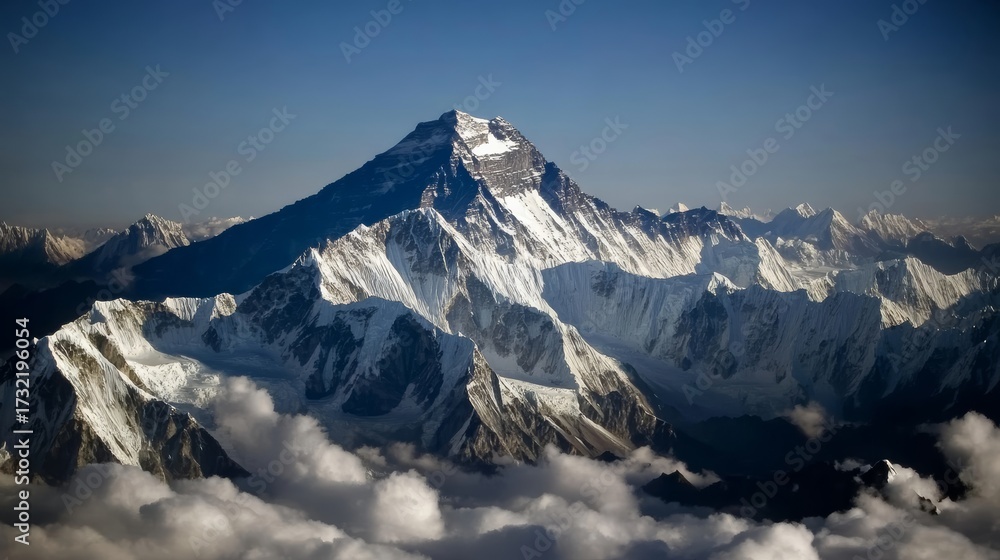 Naklejka premium Majestic mountain summit adventure himalayas nature photography serene environment aerial view awe-inspiring landscape